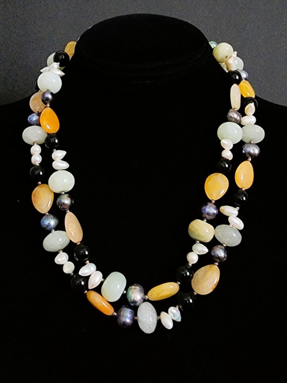 VTG 90s Double Strand Chunky Gemstone Pearl Necklace Oversized Spring Clasp 109g